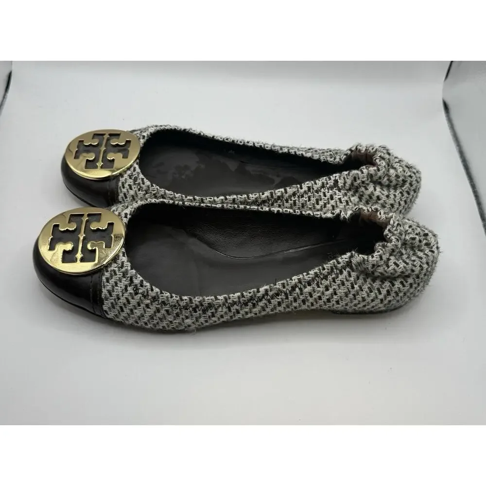 Tory Burch Serena Reva Tweed Logo Flats Sz 8.5